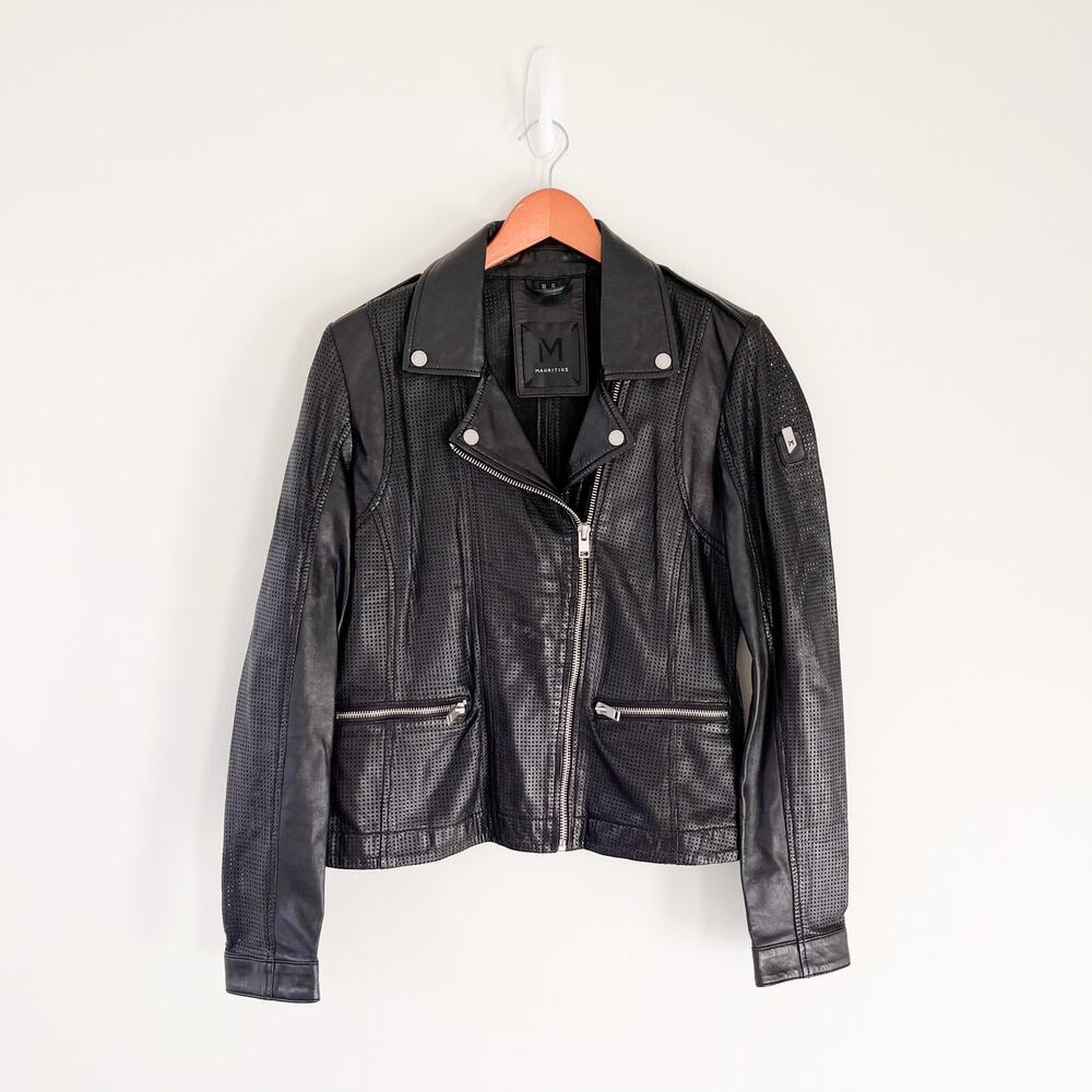 Mauritius Slim Fit Black Perforated Leather Moto Jacket, Size 8